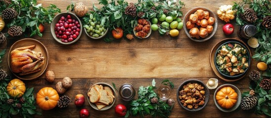 Poster - Thanksgiving table setting with traditional feast including turkey and seasonal produce arranged for a festive celebration top view layout