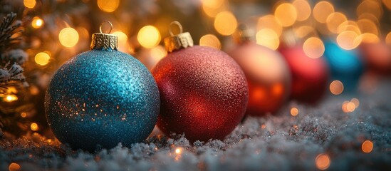 Poster - Colorful Christmas ornaments on snow with sparkling lights creating a festive atmosphere for holiday celebrations and decorations.