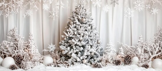 Poster - Snow-covered Christmas tree decorated with snowflakes and pine cones in a festive indoor winter setting with a white aesthetic.