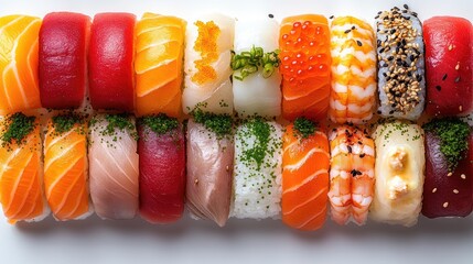 Aufkleber - Assorted colorful sushi rolls featuring fresh fish and creamy toppings beautifully arranged on a white background.