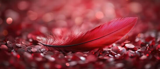 Poster - Red feather on sparkling heart-themed backdrop for Valentine's Day celebrations and romantic decor elements.