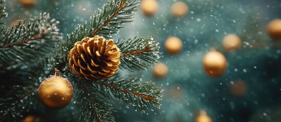 Poster - Close-up of fir tree branches adorned with golden ornaments and pine cones against a shimmering winter background with falling snowflakes
