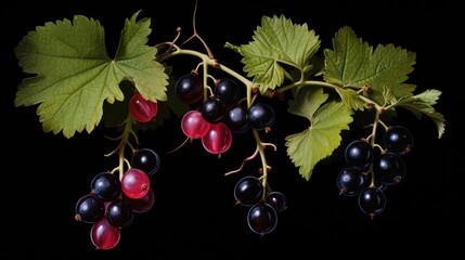 Aufkleber - Three ripe gooseberries with black currant branches showcasing vibrant berries and lush green leaves on a dark background.