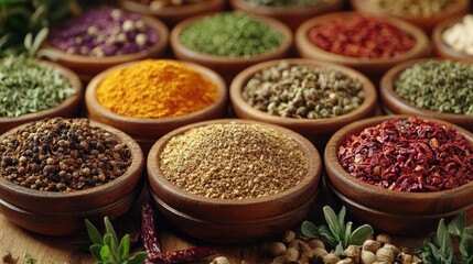 Poster - Colorful selection of herbs and spices in wooden bowls arranged on a rustic table showcasing culinary variety and natural ingredients