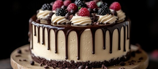 Aufkleber - Decadent dessert showcasing a rich black and white chocolate cake adorned with fresh berries and creamy frosting