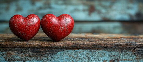 Poster - Valentine's Day card with red hearts on rustic wooden background conveying love and romance theme for heartfelt connections and celebrations