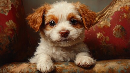 Aufkleber - Charming and affectionate puppy relaxing on a vintage floral sofa with captivating eyes and fluffy fur