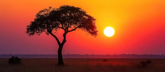 Poster - Silhouette of a solitary tree against a beautiful sunset with vibrant orange and purple sky over a serene landscape.