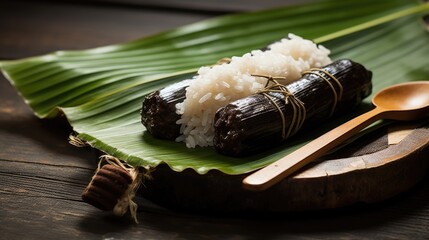 Aufkleber - Sticky rice and black bean dessert wrapped in banana leaves with spoon on wooden table showcasing traditional Asian cuisine.