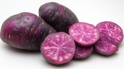 Aufkleber - Fresh and vibrant purple twilight potatoes arranged on a white background showcasing their unique color and texture.