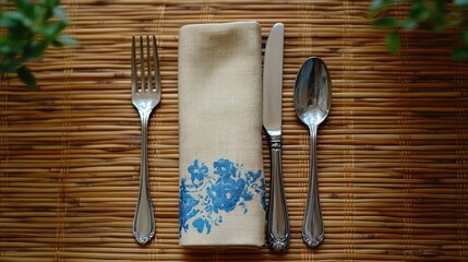 Aufkleber - Elegant table setting with fork knife spoon and silk napkin beautifully arranged on a bamboo mat for a sophisticated dining experience