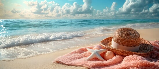 Poster - Serene tropical beach scene with beach accessories towel starfish and ocean waves in bright sunlight and picturesque clouds
