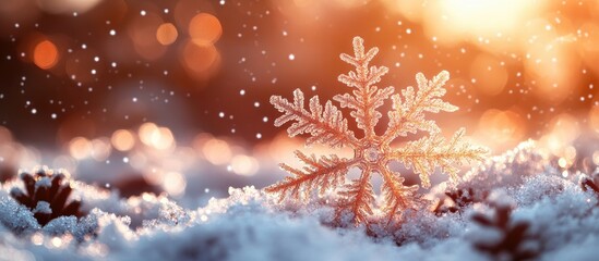Poster - Delicate snowflakes resting on a snow-covered surface with a warm winter sunset background creating a serene seasonal ambiance