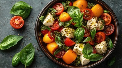 Aufkleber - Fresh Caprese salad with mozzarella, ripe tomatoes, fresh basil, and pesto sauce elegantly arranged in a bowl on a dark textured background
