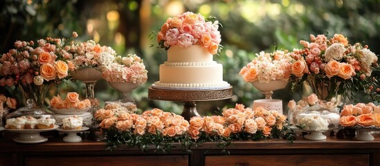 Poster - Elegant wedding table setting adorned with a beautiful cake surrounded by floral arrangements and treats in a romantic outdoor setting.