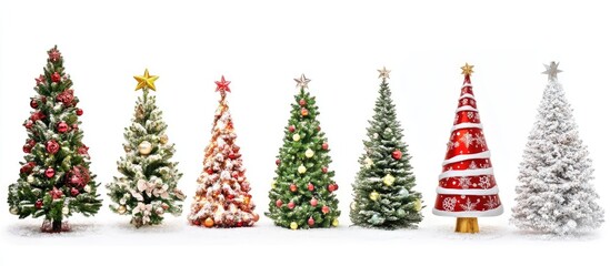 Poster - Ornamental Christmas trees in diverse styles and colors arranged on a bright white background showcasing festive holiday spirit.