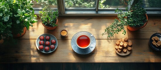 Poster - Overhead view of a rustic wooden table with a tea set and assorted sweets surrounded by potted herbs and plants in natural light