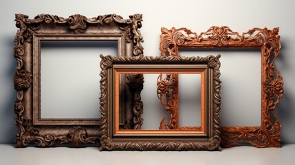 Poster - Elegant vintage picture frames in various styles arranged against a neutral backdrop showcasing intricate designs and rich textures.