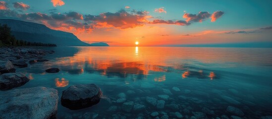 Poster - Tranquil sunset over calm bay reflecting vibrant colors and serene landscape with distant mountains and clear water stones.