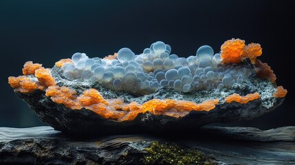 Poster - Natural abstract composition of vibrant coral formations and bubbles on a textured oyster shell in a serene underwater setting