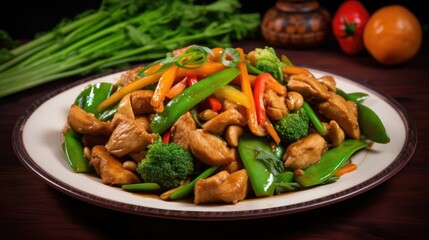 Poster - Stir fried pork with vibrant vegetables and spices served on a plate showcasing culinary artistry and flavors