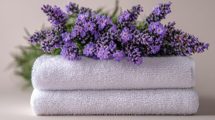 Poster - Stacked white towels adorned with fresh lavender flowers creating a serene and calming spa aesthetic for relaxation and wellness themes