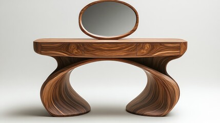 Poster - Elegant wooden dressing table with a unique curved design and mirror captivating against a minimalist white backdrop