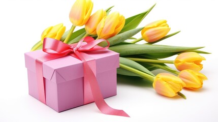 Poster - Pink gift box with a ribbon next to vibrant yellow tulips arranged on a clean white background for spring celebration or gift giving concept.