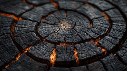 Poster - Aged tree bark with intricate circular patterns and subtle glowing cracks in a dark wooden background texture.