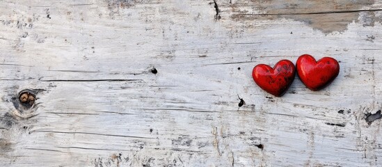 Poster - Two red hearts on rustic wooden background symbolizing love and affection in a vintage setting