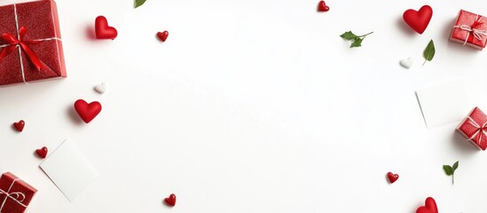 Poster - Valentine's Day flat lay with red hearts gifts and blank cards on a white background perfect for romantic designs and card mockups