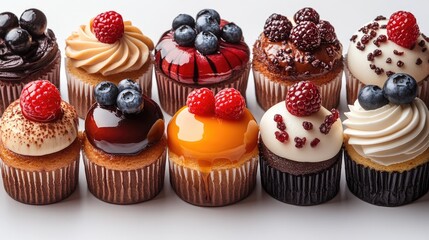 Poster - Assorted gourmet cupcakes with vibrant toppings arranged in a seamless pattern on a clean white background for dessert-themed designs.