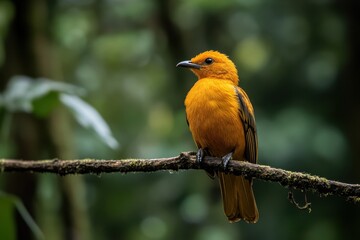 Aufkleber - A vibrant orange bird perched on a branch, set against a lush, blurred green background, showcasing the beauty of nature.