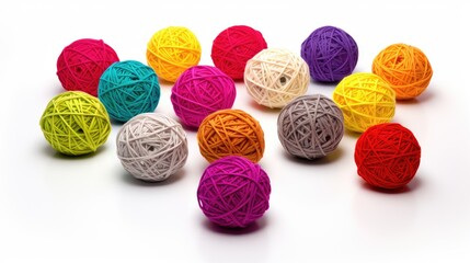 Poster - Colorful yarn balls arranged creatively on a white background for crafting and textile design concepts.