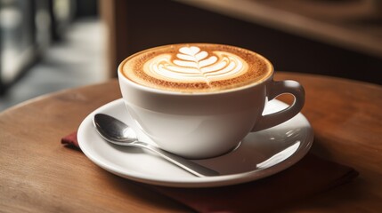 Aufkleber - Creamy cappuccino with intricate latte art in a classic white cup set on a wooden table with a spoon and saucer.