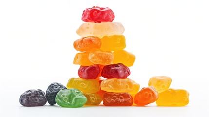 Poster - Colorful stack of assorted candied fruit pieces on a clean white background showcasing vibrant textures and playful shapes
