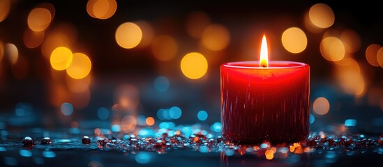 Poster - Solitary red candle flame illuminating blurred bokeh lights creating a warm and tranquil ambiance ideal for relaxation and reflection