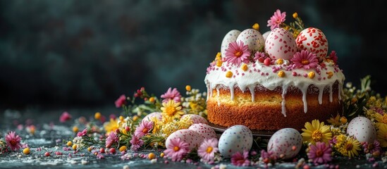 Aufkleber - Easter cake adorned with pink flowers colorful eggs and decorative elements against a dark textured background