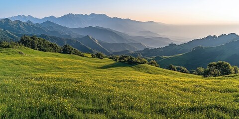 Aufkleber - Lush green hills roll into distant mountains, bathed in soft sunlight, creating a serene landscape that evokes peace and natural beauty.
