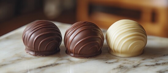 Poster - Assorted gourmet dark milk and white chocolate pralines elegantly displayed on a marble surface for a sweet indulgence.
