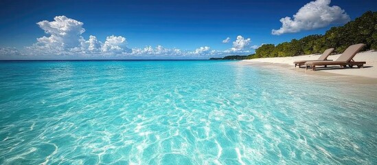 Poster - Serene turquoise waters under a clear blue sky with soft waves gently lapping the sandy beach and ample space for text or branding.