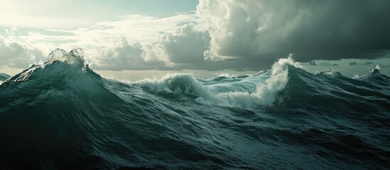 Poster - Dynamic ocean waves under a dramatic sky creating a serene yet powerful coastal atmosphere suitable for nature and travel themes