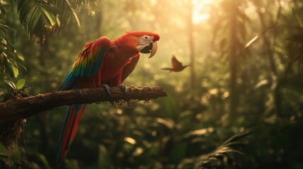 Aufkleber - A vibrant scarlet macaw perches on a branch in a lush, sunlit jungle, surrounded by greenery and a small butterfly fluttering nearby.