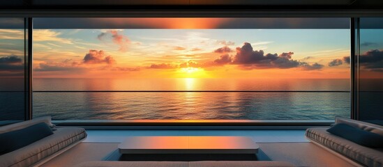 Aufkleber - Serene sunset over the ocean viewed from a luxurious cruise ship cabin with plush seating and panoramic windows