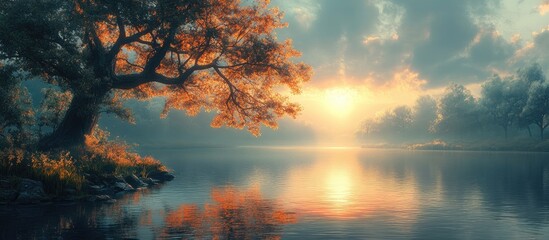 Poster - Serene lakeside sunrise with vibrant autumn leaves reflecting on tranquil water and soft morning light illuminating the landscape.