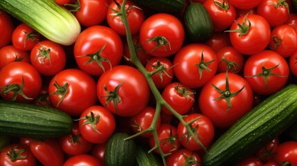 Poster - Fresh red tomatoes and green cucumbers arranged together showcasing vibrant produce in a market setting ideal for healthy eating promotion.