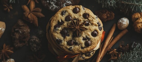 Aufkleber - Chocolate chip cookies with festive decorations cinnamon anise and ribbon on dark background cozy hygge flat lay holiday treat