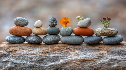 Poster - Balanced stones and pebbles with flowers symbolizing harmony tranquility and nature's beauty arranged aesthetically on a natural surface