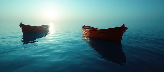 Poster - Serene boats floating on tranquil blue ocean waters during sunrise with soft mist and gentle reflections