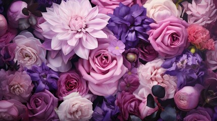 Poster - Vibrant assortment of pink and purple flowers showcasing diverse blooms in a beautiful floral arrangement ideal for greeting cards and decor.